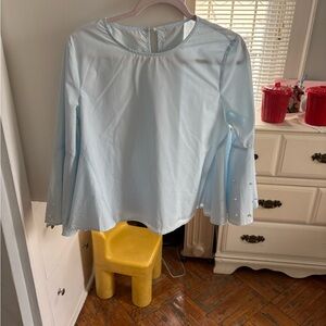 Light Blue Bell-Sleeve Blouse with Pearls – Size S
